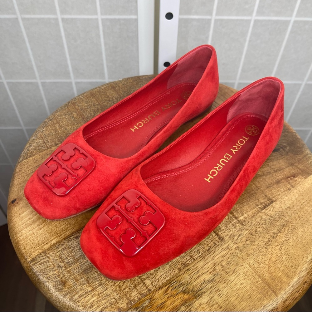 Tory Burch Women’s Suede Leather Georgia Square Toe Ballet Flats